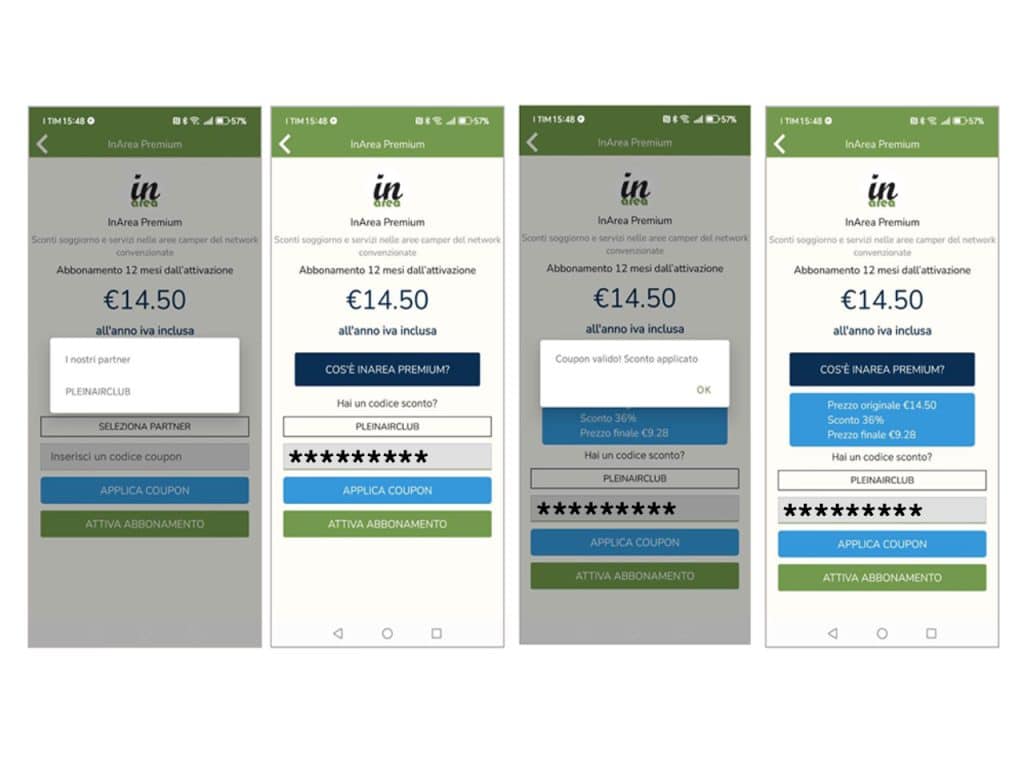 Le schermate di attivazione dell'abbonamento Premium a Inarea App con lo sconto del PLEINAIRCLUB.