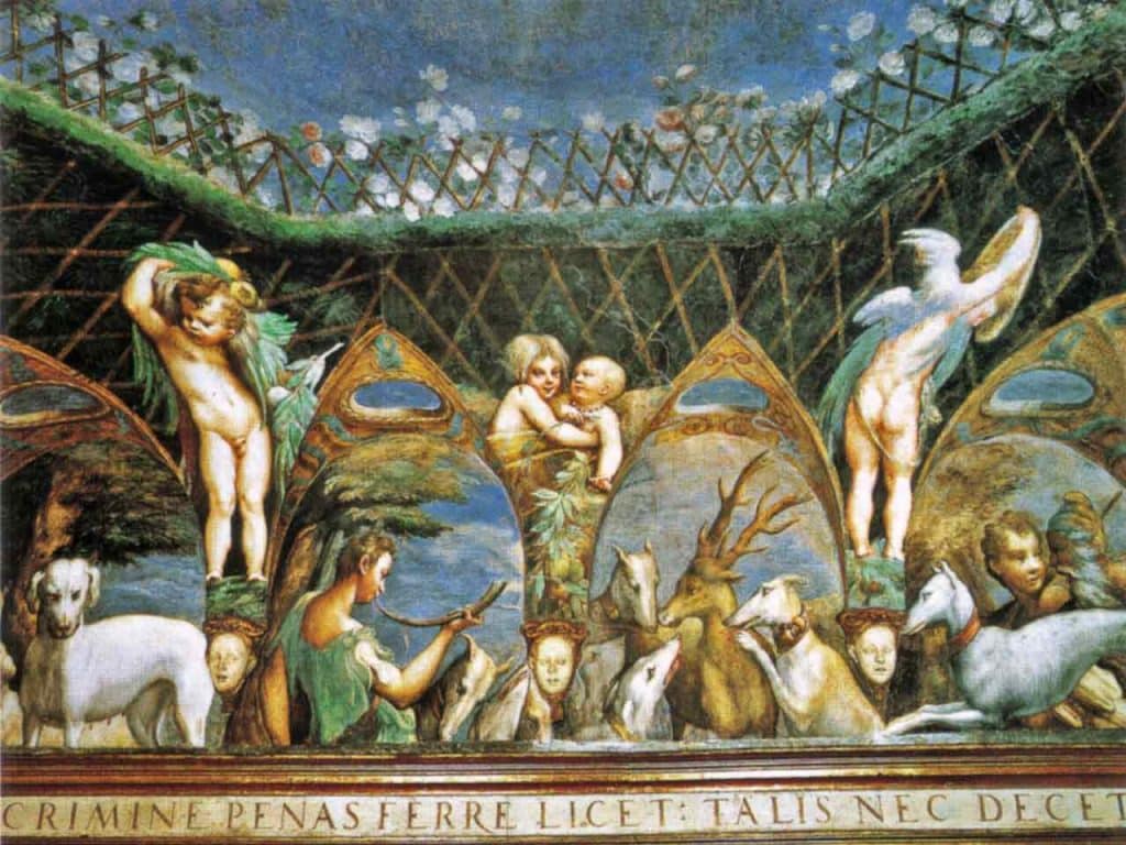 Affreschi del lato nord della Saletta di Diana e Atteone, nella Rocca Sanvitale di Fontanellato.