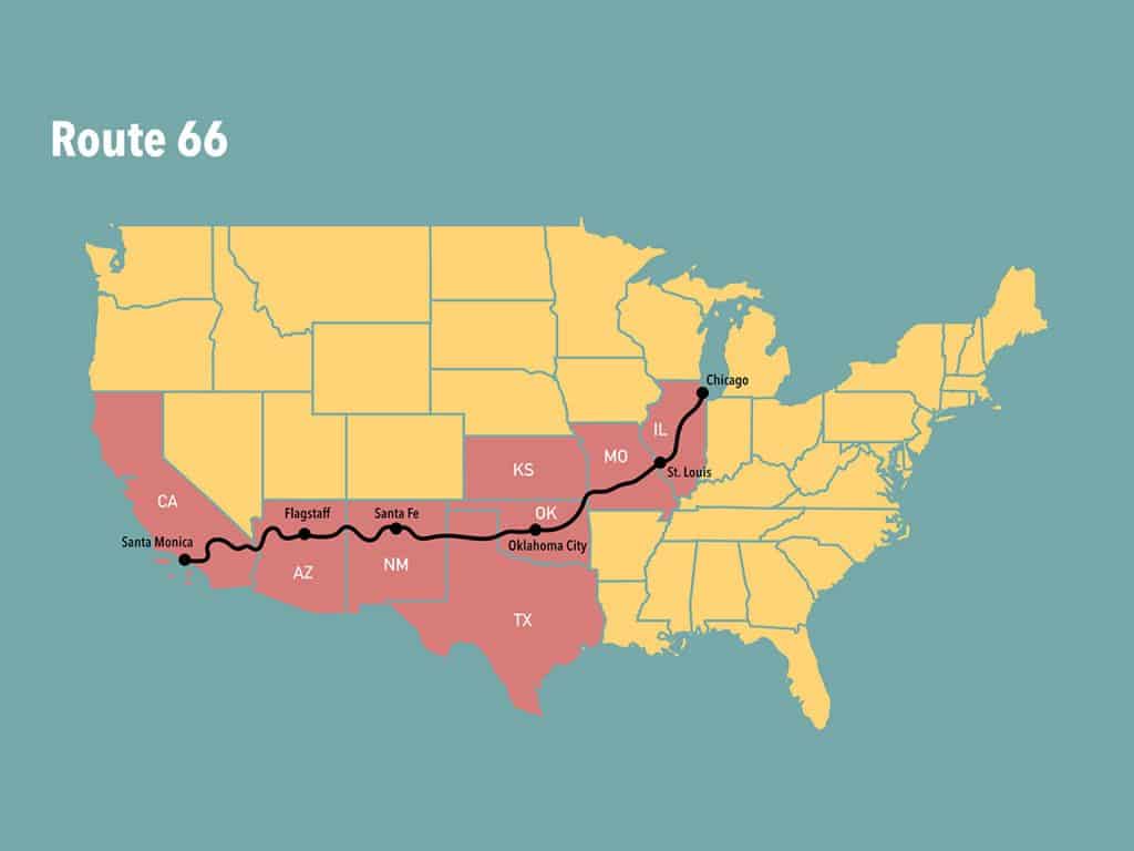 Il tracciato dell'Historic Route 66 negli Stati Uniti d'America.