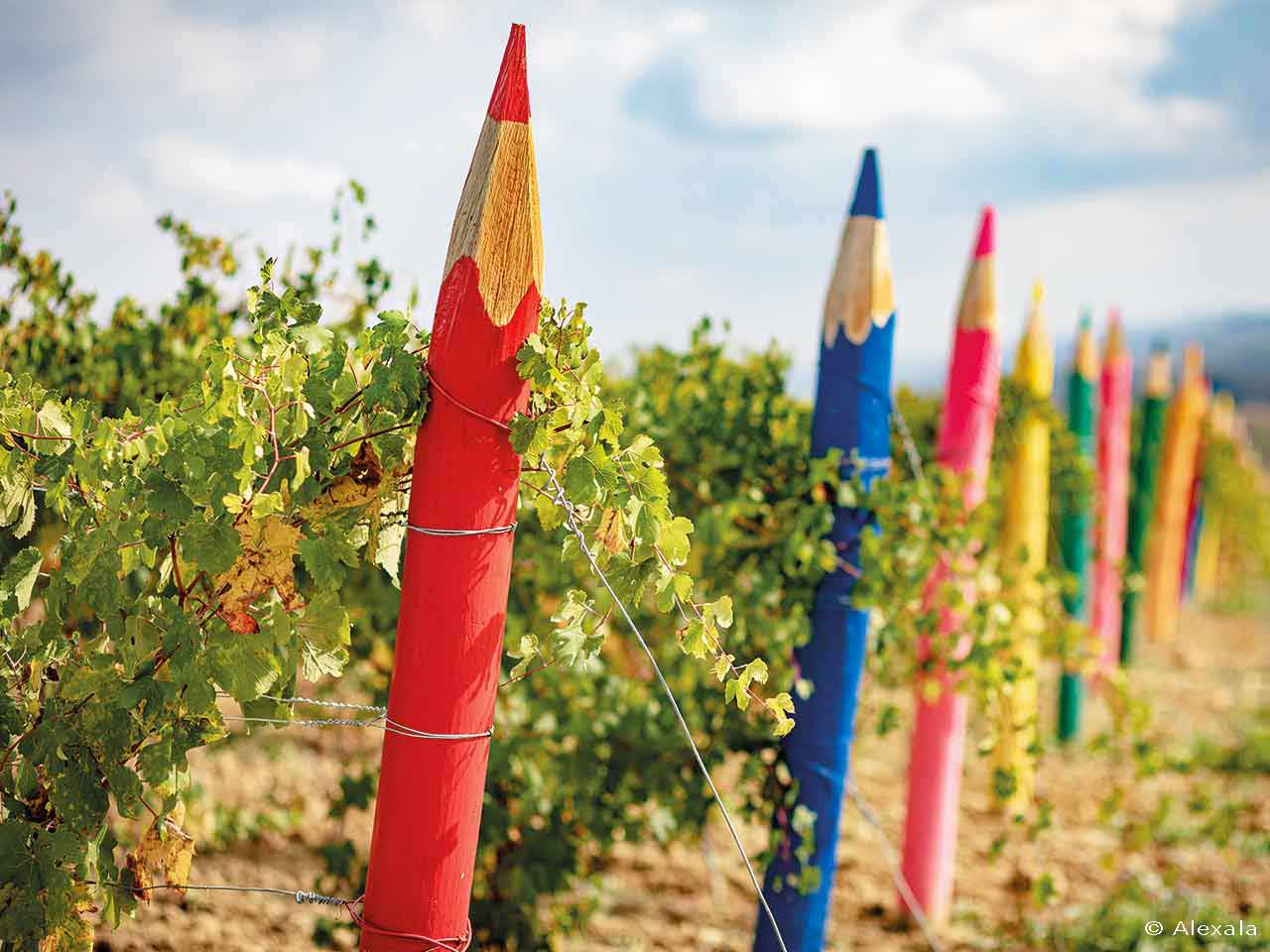 Le curiose installazioni a forma di enormi matite colorate nelle vigne di Cella Monte - Weekend nel Monferrato in camper.