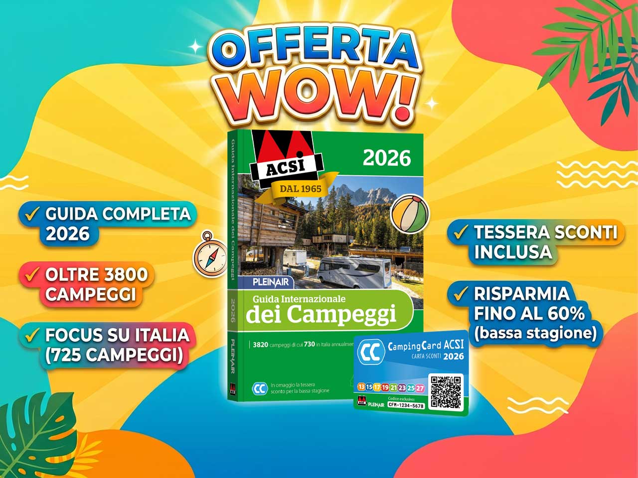 La Guida dei Campeggi ACSI 2026, offerta con un super sconto con la Promo Estate proposta dal PLEINAIRCLUB.